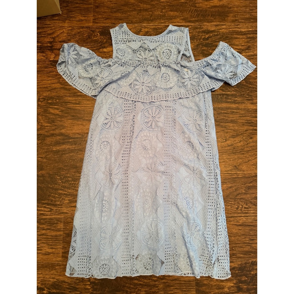 Miami Lace Cold Shoulder Mini Dress Blue Crochet Ruffle Boho XS